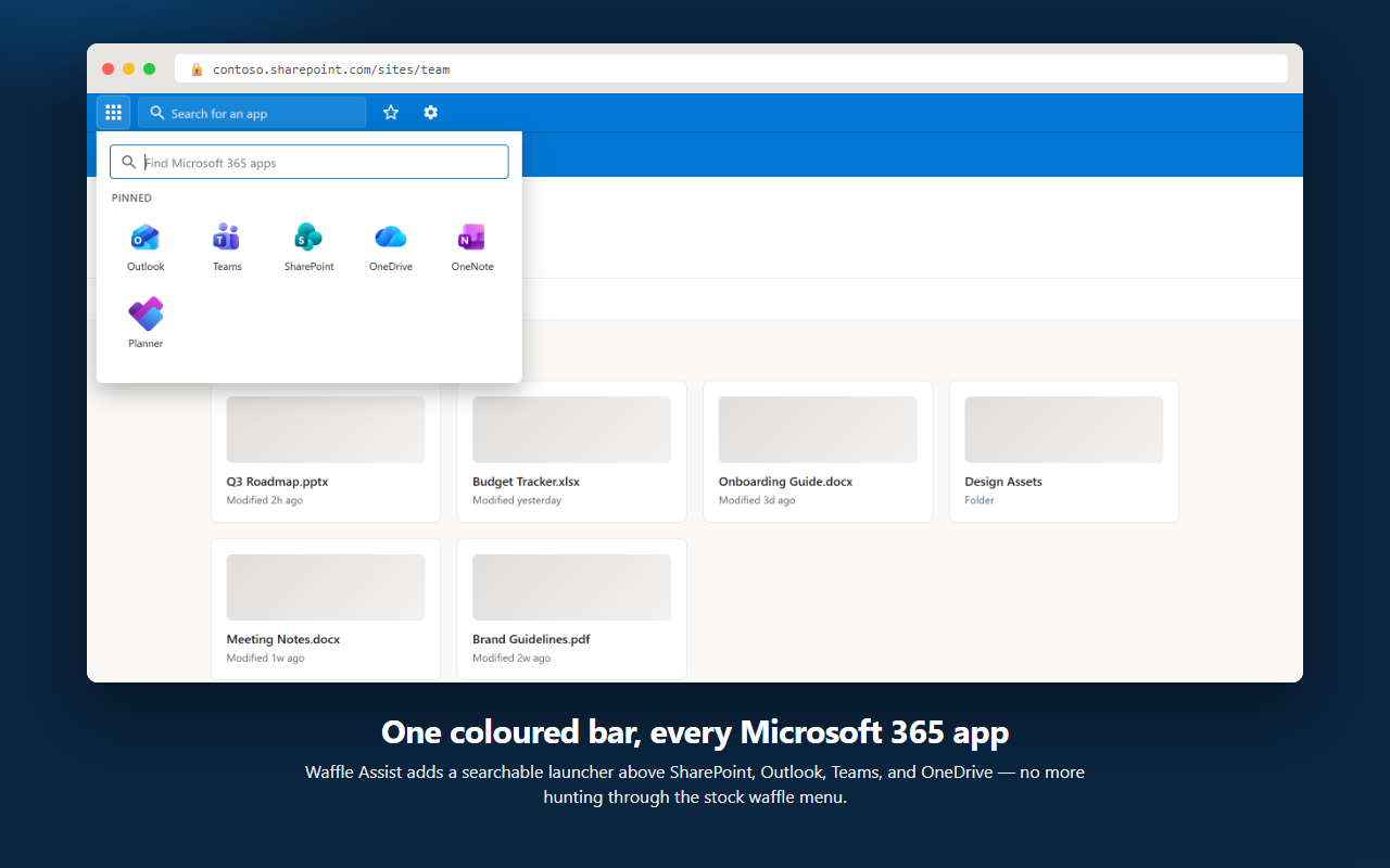 Waffle-Assist searchable Suite Bar with the app launcher open on a SharePoint site