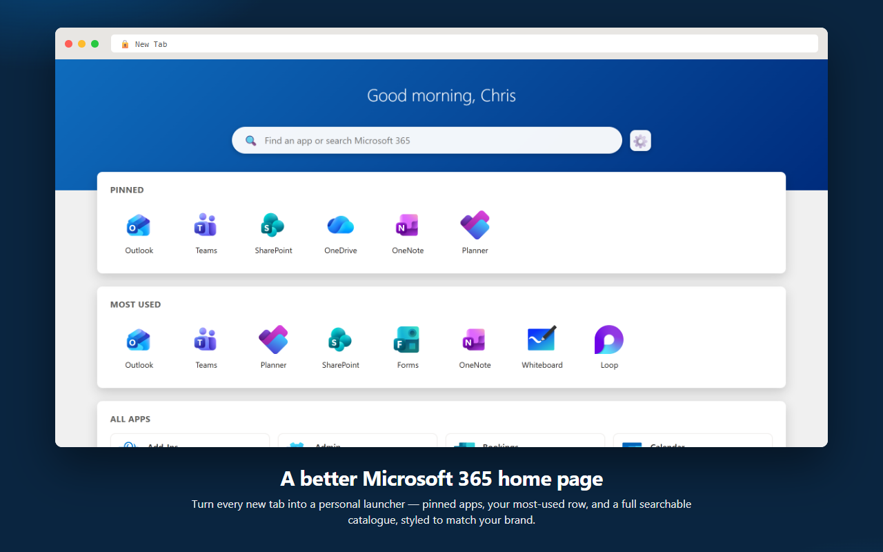 Waffle-Assist new-tab landing page with greeting, search, pinned, most-used, Admin Centers, and all-apps sections