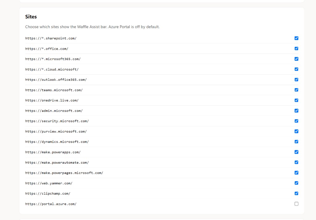 Waffle-Assist settings: Sites list of Microsoft 365 hosts with Azure Portal unchecked